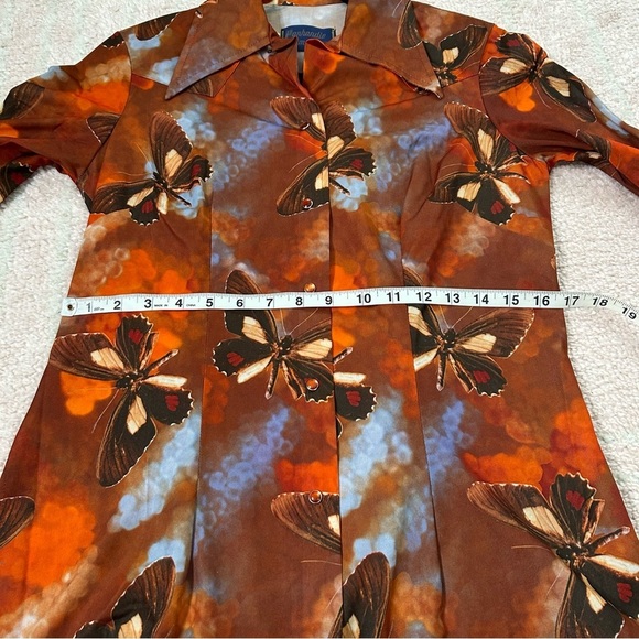 VNTG 70's Panhandle Slim Orange Blue Brown Butterfly Snap Front Shirt Size 14/36 - Picture 9 of 16